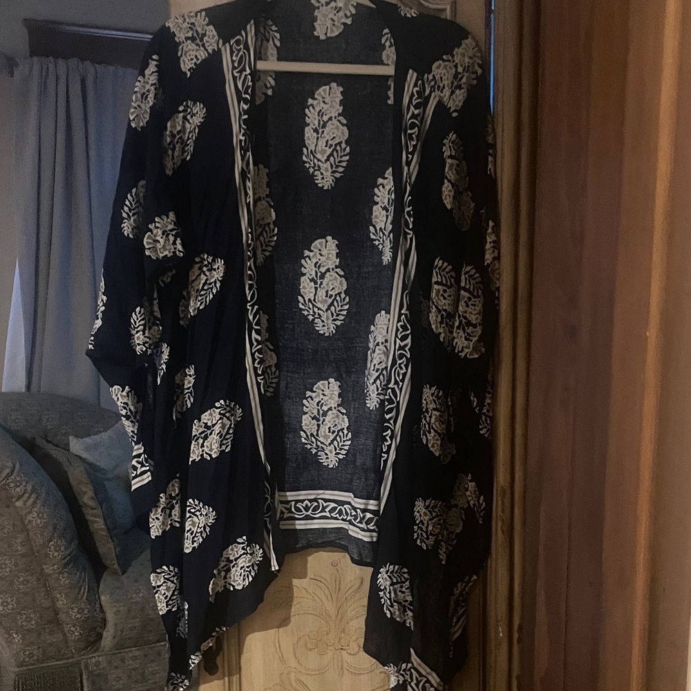 Navy White taupe Printed Kimono / beach , yoga .